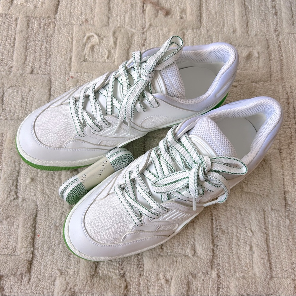NIB Authentic Gucci GG Plus & Leather Basket Low Top Sneakers White Green 38 - Picture 8 of 9